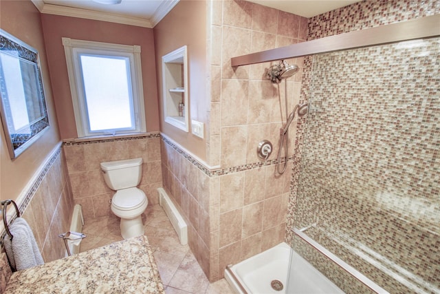 102 Barbara St, Staten Island, NY 10306 - bathroom with toilet, tile walls, a tile shower, crown molding, and tile patterned floors