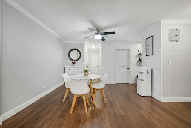 1 Vincent Rd Unit 2B, Bronxville, NY 10708 - dining space featuring baseboards, dark wood-style floors, ornamental molding, and a ceiling fan