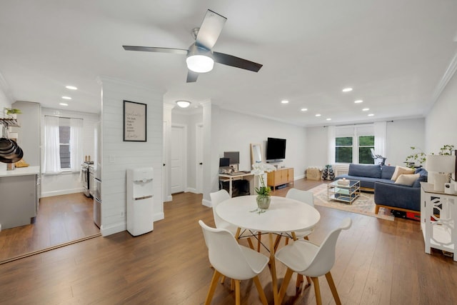1 Vincent Rd Unit 2B, Bronxville, NY 10708 - dining space featuring crown molding, wood finished floors, recessed lighting, a ceiling fan, and baseboards