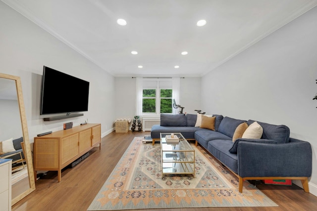 1 Vincent Rd Unit 2B, Bronxville, NY 10708 - living room featuring radiator heating unit, recessed lighting, ornamental molding, wood finished floors, and baseboards