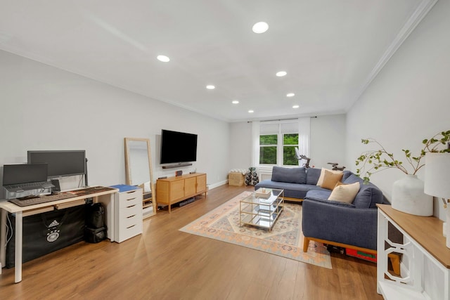 1 Vincent Rd Unit 2B, Bronxville, NY 10708 - living room featuring crown molding, recessed lighting, light wood-style floors, and baseboards