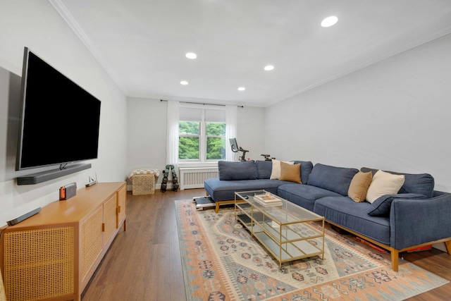 1 Vincent Rd Unit 2B, Bronxville, NY 10708 - living area featuring radiator heating unit, recessed lighting, crown molding, and wood finished floors