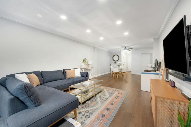1 Vincent Rd Unit 2B, Bronxville, NY 10708 - living area with ornamental molding, recessed lighting, a ceiling fan, baseboards, and dark wood-style flooring