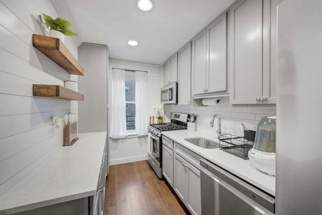 1 Vincent Rd Unit 2B, Bronxville, NY 10708 - kitchen with appliances with stainless steel finishes, open shelves, a sink, gray cabinets, and light countertops