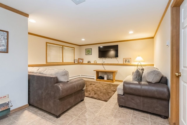 18 Norwood Pl, Nanuet, NY 10954 - tiled living room with ornamental molding, recessed lighting, baseboards, and baseboard heating