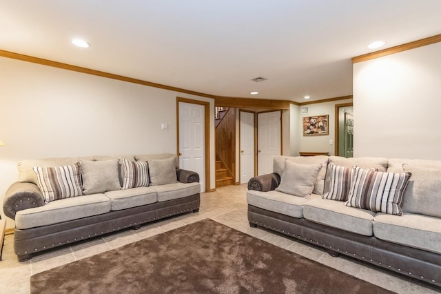 18 Norwood Pl, Nanuet, NY 10954 - tiled living room with crown molding, stairs, and recessed lighting