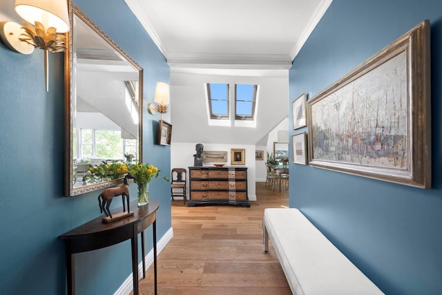 38 Oliphant Ave Unit 6, Dobbs Ferry, NY 10522 - corridor featuring ornamental molding, wood finished floors, a skylight, and baseboards