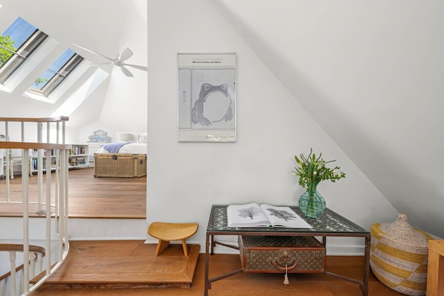 38 Oliphant Ave Unit 6, Dobbs Ferry, NY 10522 - sitting room with lofted ceiling, a skylight, ceiling fan, and wood finished floors