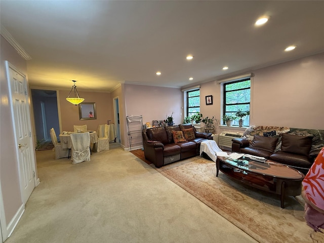 215-19 48th Ave Unit 2C, Bayside, NY 11364 - living area featuring crown molding, recessed lighting, and light carpet