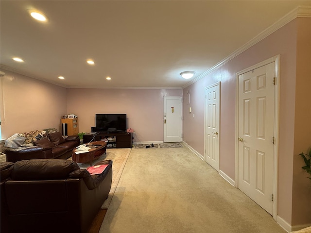 215-19 48th Ave Unit 2C, Bayside, NY 11364 - living room featuring crown molding, carpet, recessed lighting, and baseboards