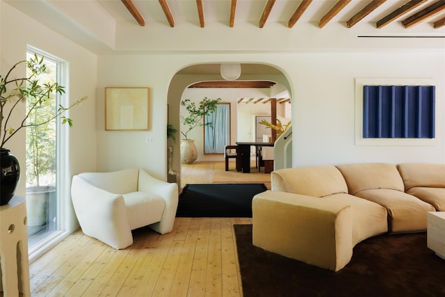 101 Holmes Rd, Newburgh, NY 12550 - living room featuring arched walkways, light wood-type flooring, and beam ceiling