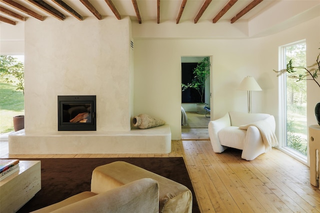 101 Holmes Rd, Newburgh, NY 12550 - living room featuring beam ceiling, wood-type flooring, and a premium fireplace