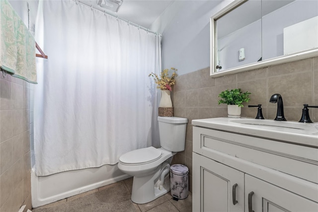 654 Long Island Ave, Deer Park, NY 11729 - full bathroom featuring tile walls, toilet, vanity, tile patterned flooring, and shower / bath combination with curtain
