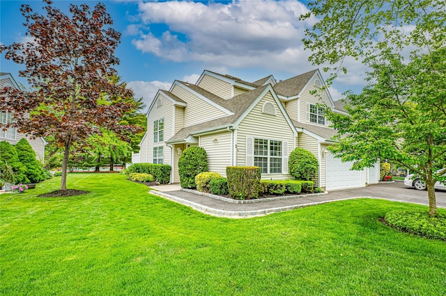 53 Mystic Cir, Bay Shore, NY 11706 - view of home's exterior featuring roof with shingles, asphalt driveway, a garage, and a yard
