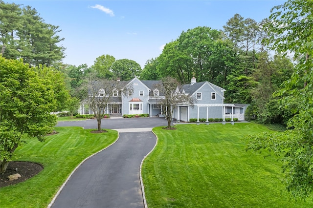 178 High Farms Rd, Old Brookville, NY 11545 - shingle-style home featuring driveway, a front yard, and a chimney