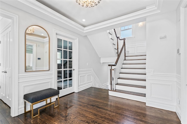 178 High Farms Rd, Old Brookville, NY 11545 - entryway featuring a decorative wall, stairway, ornamental molding, wood finished floors, and wainscoting