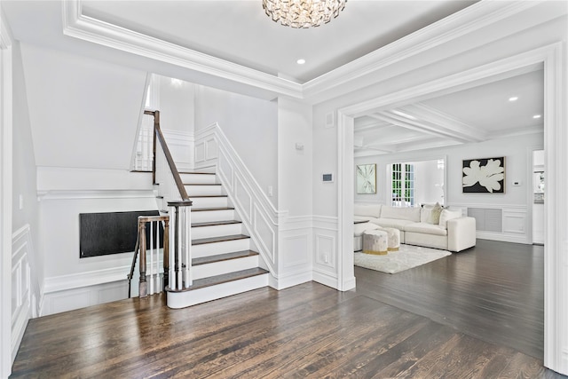 178 High Farms Rd, Old Brookville, NY 11545 - living room featuring a decorative wall, stairway, wood finished floors, ornamental molding, and a fireplace