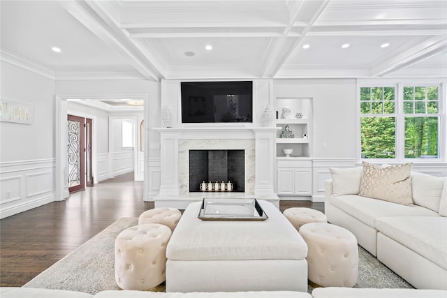 178 High Farms Rd, Old Brookville, NY 11545 - living area featuring ornamental molding, beam ceiling, coffered ceiling, wood finished floors, and a decorative wall