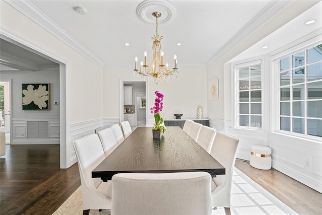 178 High Farms Rd, Old Brookville, NY 11545 - dining area featuring a chandelier, wood finished floors, ornamental molding, recessed lighting, and a wainscoted wall