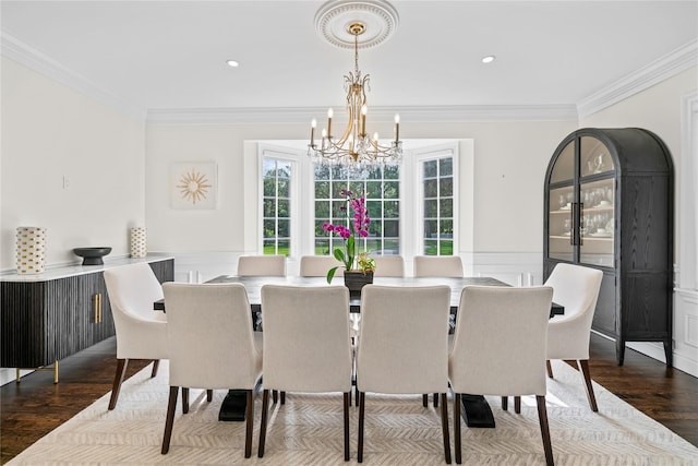 178 High Farms Rd, Old Brookville, NY 11545 - dining room featuring a chandelier, ornamental molding, dark wood finished floors, wainscoting, and recessed lighting