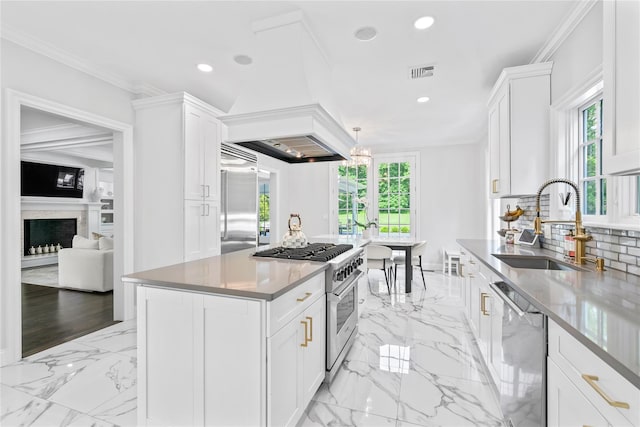 178 High Farms Rd, Old Brookville, NY 11545 - kitchen featuring high end appliances, white cabinets, decorative backsplash, light marble finish floors, and recessed lighting