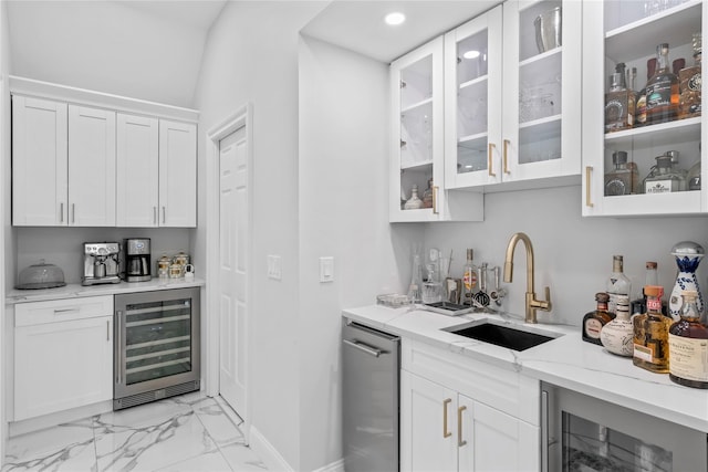 178 High Farms Rd, Old Brookville, NY 11545 - indoor wet bar with wine cooler, light marble finish floors, stainless steel dishwasher, and recessed lighting