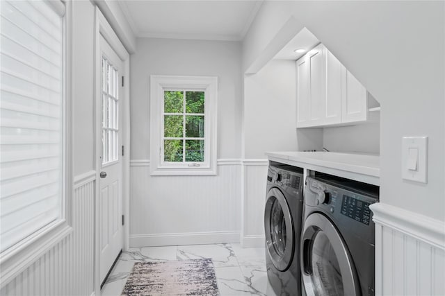 178 High Farms Rd, Old Brookville, NY 11545 - washroom with light marble finish flooring, washer and dryer, wainscoting, cabinet space, and ornamental molding