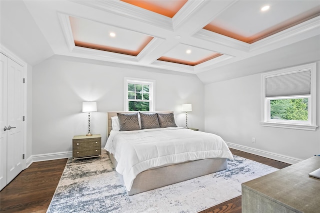 178 High Farms Rd, Old Brookville, NY 11545 - bedroom with dark wood-type flooring, recessed lighting, beam ceiling, and coffered ceiling