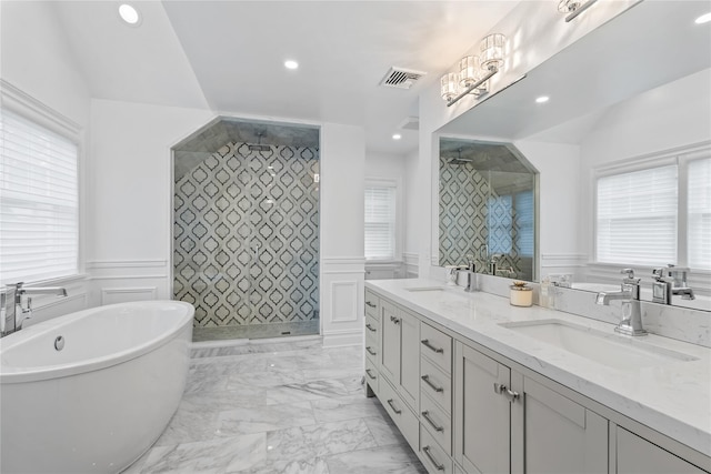 178 High Farms Rd, Old Brookville, NY 11545 - bathroom featuring wainscoting, tiled shower, a soaking tub, double vanity, and recessed lighting