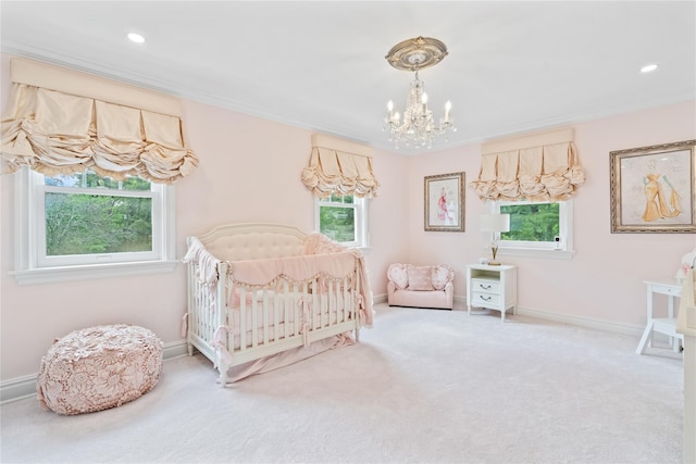 178 High Farms Rd, Old Brookville, NY 11545 - carpeted bedroom with a chandelier, a nursery area, and recessed lighting