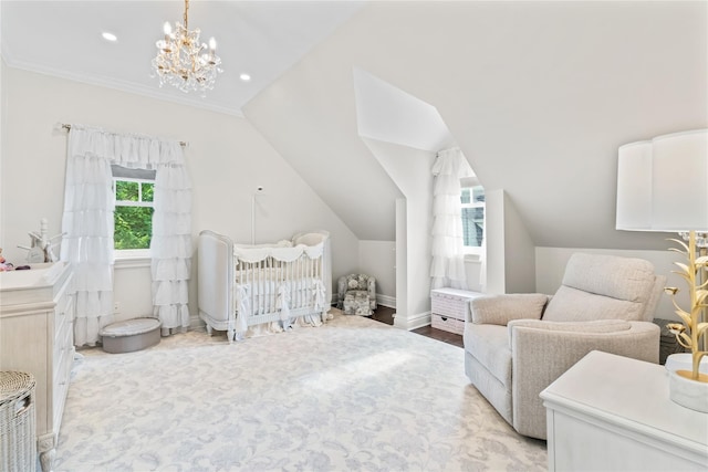 178 High Farms Rd, Old Brookville, NY 11545 - bedroom with a chandelier, lofted ceiling, crown molding, and recessed lighting