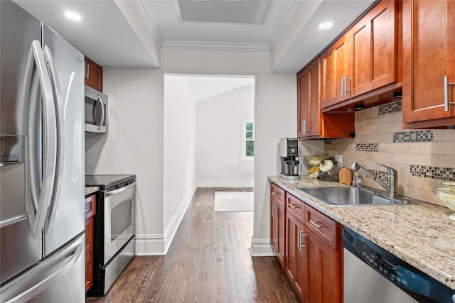 178 High Farms Rd, Old Brookville, NY 11545 - kitchen with stainless steel appliances, dark wood finished floors, ornamental molding, tasteful backsplash, and light stone countertops