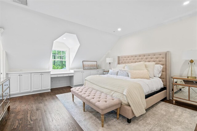 178 High Farms Rd, Old Brookville, NY 11545 - bedroom featuring dark wood-type flooring, lofted ceiling, built in desk, and recessed lighting