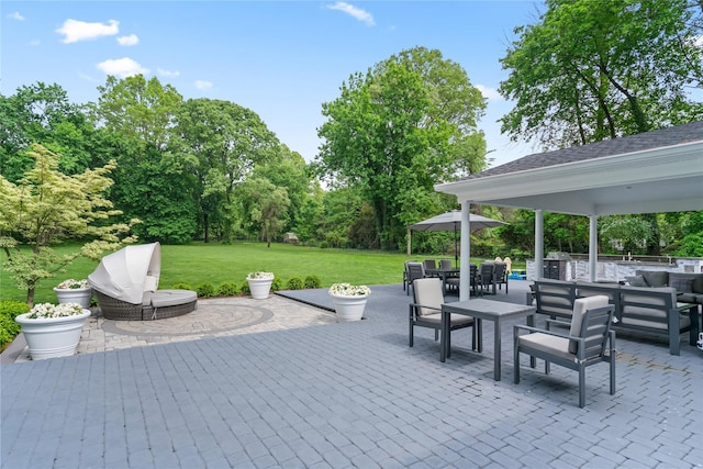 178 High Farms Rd, Old Brookville, NY 11545 - view of patio with outdoor lounge area, a gazebo, area for grilling, outdoor dining area, and view of scattered trees