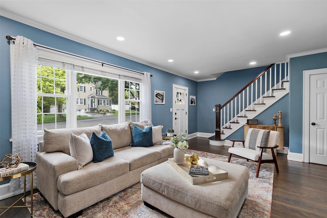 10 Mcbride Ave, White Plains, NY 10603 - living area with ornamental molding, stairs, baseboards, wood finished floors, and recessed lighting