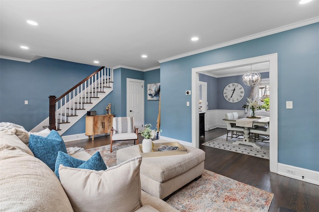 10 Mcbride Ave, White Plains, NY 10603 - living room with stairs, wood finished floors, recessed lighting, baseboards, and a chandelier