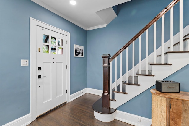 10 Mcbride Ave, White Plains, NY 10603 - foyer featuring baseboards, wood finished floors, stairway, ornamental molding, and recessed lighting