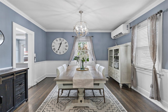 10 Mcbride Ave, White Plains, NY 10603 - dining room with a wall unit AC, a chandelier, dark wood finished floors, and crown molding