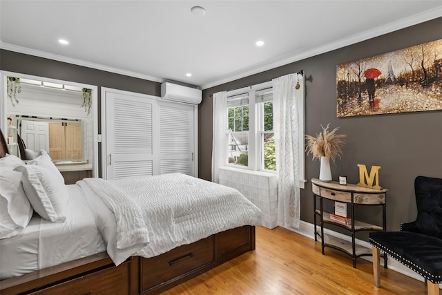 10 Mcbride Ave, White Plains, NY 10603 - bedroom with an AC wall unit, ornamental molding, light wood-type flooring, recessed lighting, and baseboards