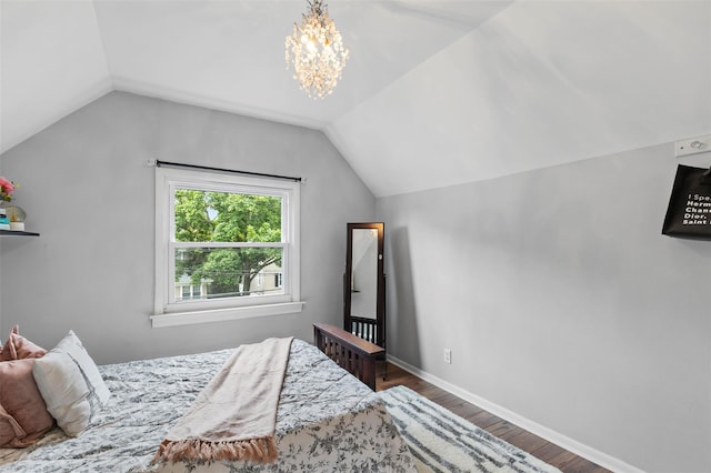 10 Mcbride Ave, White Plains, NY 10603 - bedroom featuring vaulted ceiling, wood finished floors, a chandelier, and baseboards