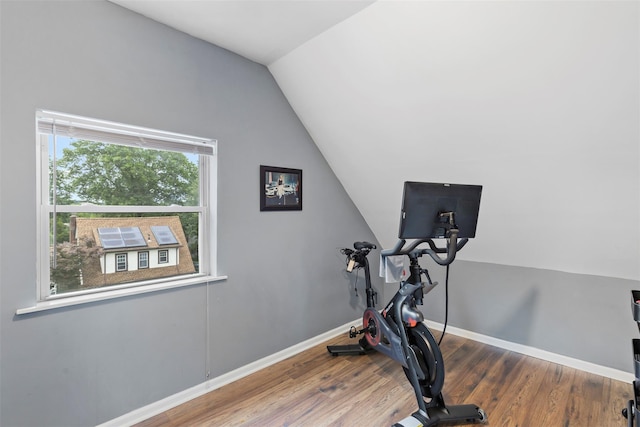 10 Mcbride Ave, White Plains, NY 10603 - workout area featuring vaulted ceiling, wood finished floors, and baseboards