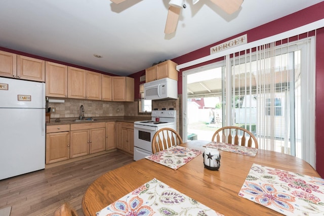 820 Mirabelle Ave, Westbury, NY 11590 - kitchen with white appliances, light brown cabinets, a ceiling fan, and light wood-style flooring