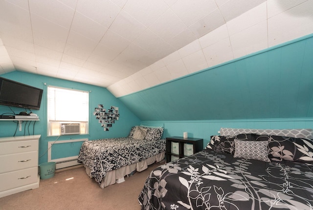 820 Mirabelle Ave, Westbury, NY 11590 - carpeted bedroom with cooling unit, lofted ceiling, and a baseboard radiator