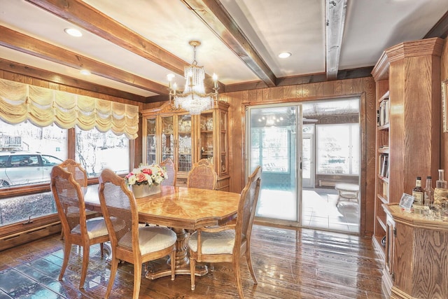 10 Glenbrook Rd, Monsey, NY 10952 - dining area with beam ceiling, wood walls, a chandelier, dark wood finished floors, and healthy amount of natural light