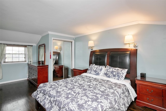 6 Willow Dr, Massapequa Park, NY 11762 - bedroom with dark wood-style floors, a closet, crown molding, lofted ceiling, and baseboards