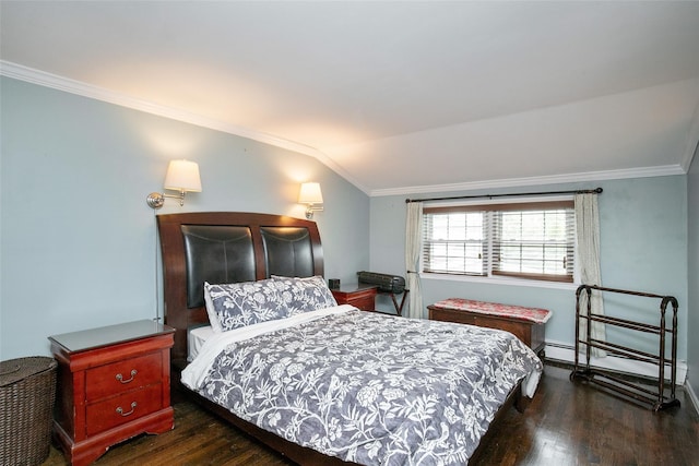 6 Willow Dr, Massapequa Park, NY 11762 - bedroom featuring crown molding, wood finished floors, lofted ceiling, a baseboard heating unit, and baseboards