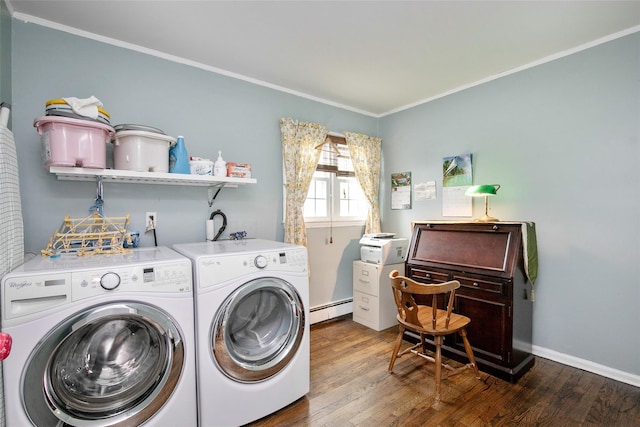 6 Willow Dr, Massapequa Park, NY 11762 - laundry room with a baseboard radiator, washing machine and dryer, wood finished floors, crown molding, and baseboards