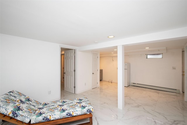 6 Willow Dr, Massapequa Park, NY 11762 - unfurnished bedroom with a baseboard radiator, freestanding refrigerator, recessed lighting, and light marble finish floors