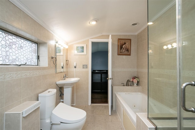6 Willow Dr, Massapequa Park, NY 11762 - full bathroom with tile walls, tile patterned flooring, a jetted tub, crown molding, and lofted ceiling