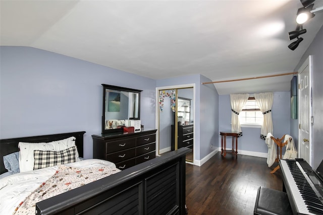 6 Willow Dr, Massapequa Park, NY 11762 - bedroom featuring dark wood-style floors, baseboards, vaulted ceiling, and a closet